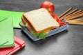 Lunch box with tasty sandwich and stationery Royalty Free Stock Photo