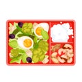 Lunch box, top view of food in lunchbox plastic tray, healthy snacks and prepared salad