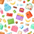 Lunch box vector school lunchbox with healthy food fruits or vegetables boxed in kids container in bag illustration set Royalty Free Stock Photo