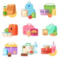 Lunch box vector school lunchbox with healthy food fruits or vegetables boxed in kids container in bag illustration set Royalty Free Stock Photo