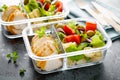 Lunch boxes with grilled chicken breast and pasta salad with fresh vegetables Royalty Free Stock Photo