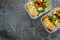 Lunch boxes with grilled chicken breast and pasta salad with fresh vegetables Royalty Free Stock Photo