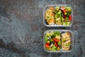 Lunch boxes with grilled chicken breast and pasta salad with fresh vegetables. Top view Royalty Free Stock Photo