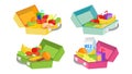 Lunch Boxes Set Vector. Various Ingredients. Healthy Food For Kids And Students.