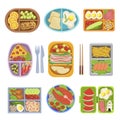 Lunch boxes top view colorful vector illustrations set