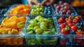 Lunch boxes with various fruits and berries, healthy snacks for school or office. Generative AI Royalty Free Stock Photo