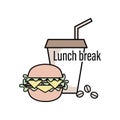 Lunch break. Burger, coffee. Food, drink icon. Linear symbol for web and mobile phone. Vector Royalty Free Stock Photo