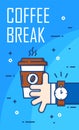 Lunch break poster with hand of business man and cup of coffee on blue background. Thin line flat design. Vector