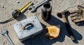Lunch Break Toolbox, Tools, Sandwich and Coffee in industrial setting Royalty Free Stock Photo