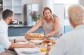 Lunch, celebration and happy family with food at a dining room table on holiday at the accommodation. Serving, dinner Royalty Free Stock Photo