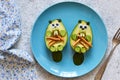 Lunch for the child. Funny beavers from avocado in a plate on a concrete background Royalty Free Stock Photo