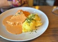 lunch dish, meat with sauce, mashed potatoes, plate with dinner dish, carrot salad Royalty Free Stock Photo