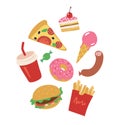 Lunch from fast food restaurant pizza hamburger soda and cake. Junk food illustrations set. Vector illustration isolated