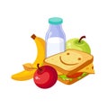 Lunch Food, Sandwich, Milk And Fruits, Set Of School And Education Related Objects In Colorful Cartoon Style