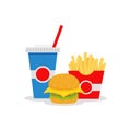 Lunch with french fries, hamburger and soda takeaway on background. Fast food. Vector flat design. Royalty Free Stock Photo