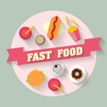 Lunch with french fries, hot dog, burger, cupcake, donut, coffee and soda. Fast food. Flat lay design. Royalty Free Stock Photo