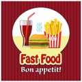 Lunch with french fries, hot dog and soda. Fast food. Flat design. Vector Illustration Royalty Free Stock Photo