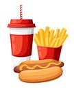 Lunch with french fries, hot dog and soda takeaway on isolated background. Fast food. Cartoon design. Vector Illustration Royalty Free Stock Photo