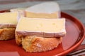 Lunch with fresh baguette and French white mold soft cow milk cheese Caprice des Dieux from Haute-Marne region, France