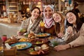 Lunch. Group Of Women In Cafe Portrait. Smiling Multicultural Girls With Cocktails.