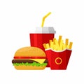 Lunch Hamburger, French Fries and Soda. Group Fast Food products. Royalty Free Stock Photo