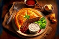 lunch of hearty delicious meat pie with icing sauces