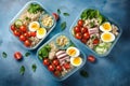 lunch meal in a blue lunch box with salad and boiled eggs. Generative AI