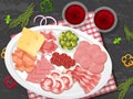 Lunch meat set with different cold meats on platter