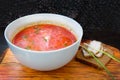 Lunch menu borscht with sour cream and rye bread with bacon and green onions. Royalty Free Stock Photo