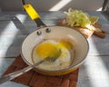 Lunch with one egg scrambled eggs in a small skillet with a yellow handle and chopped Chinese cabbage