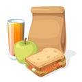Lunch paper bag with juice, apple and sandwich. Recycle brown paper bag. Flat vector illustration isolated on white background Royalty Free Stock Photo