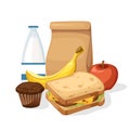 Lunch paper bag with juice, apple and sandwich. Recycle brown paper bag. Flat vector illustration isolated on white background Royalty Free Stock Photo