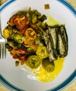 Lunch plate. Portion control. A side of brussels sprout medley one cup. A can of sardine. Half cup of boiled green plantain.