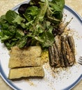 Lunch plate. Portion control. A side of salad one cup. A side of yam one deck, A can of sardine.