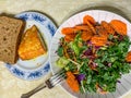 Lunch plate. Portion control. A side of salad two cups. A deck of salmon. A slice of seeded wheat bread.