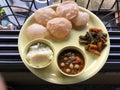 Lunch Plate Puri Pindi Choley Phirni and Aloo Bhindi Sabji Lokgram Kalyan