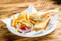 lunch on a plate sandwich, french fries and ketchup