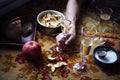 Lunch Provencal style still life with champagne in glasses on table, flower pattern, seasonal vegetables, fruits, daylight. Royalty Free Stock Photo