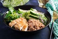 Lunch salad. Buddha bowl with buckwheat porridge, grilled chicken fillet, corn salad, microgreens Royalty Free Stock Photo