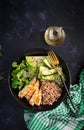 Lunch salad. Buddha bowl with buckwheat porridge, grilled chicken fillet, corn salad, microgreens and daikon. Healthy food. Top Royalty Free Stock Photo