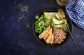 Lunch salad. Buddha bowl with buckwheat porridge, grilled chicken fillet, corn salad, microgreens and daikon. Healthy food. Top Royalty Free Stock Photo