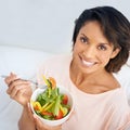 Lunch, salad and portrait of happy woman eating for nutrition, health and wellness in diet. Healthy food, fruit and Royalty Free Stock Photo