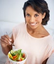 Lunch, salad and portrait of happy woman eating for nutrition, health and wellness in diet. Healthy food, fruit and Royalty Free Stock Photo