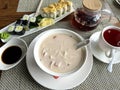 Lunch soup with rolls and fruit tea.