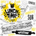 Lunch time cafe restaurant menu. Vector sub sandwiches fast food flyer cards for bar cafe. Royalty Free Stock Photo
