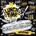 Lunch time cafe restaurant menu. Vector sub sandwiches fast food flyer cards for bar cafe.