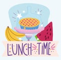 lunch time, cake and fruits cooking in cartoon style lettering Royalty Free Stock Photo