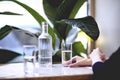 Lunch time in city restaurant or cafe. Pure water in a bottle, in glass. Houseplants near window, daylight