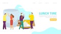 Lunch time concept, landing banner, vector illustration. Flat business people character have breakfast, drink coffee Royalty Free Stock Photo