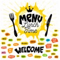 Menu Lunch time logo, fork, knife, breakfast time. Royalty Free Stock Photo